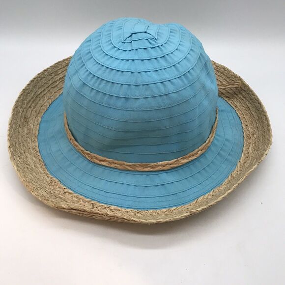 Sun 'n' Sand Headwear Women's OSFM Packable Teal Blue Textile & Straw Beach Hat - Picture 4 of 8